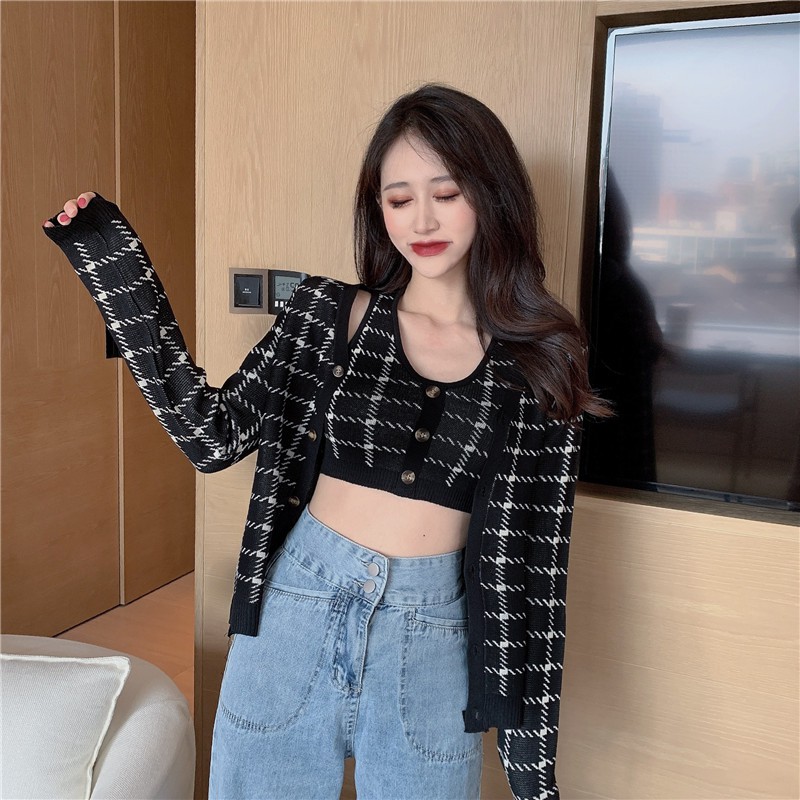 Set áo len cardigan áo khoác dệt kim kẻ A126