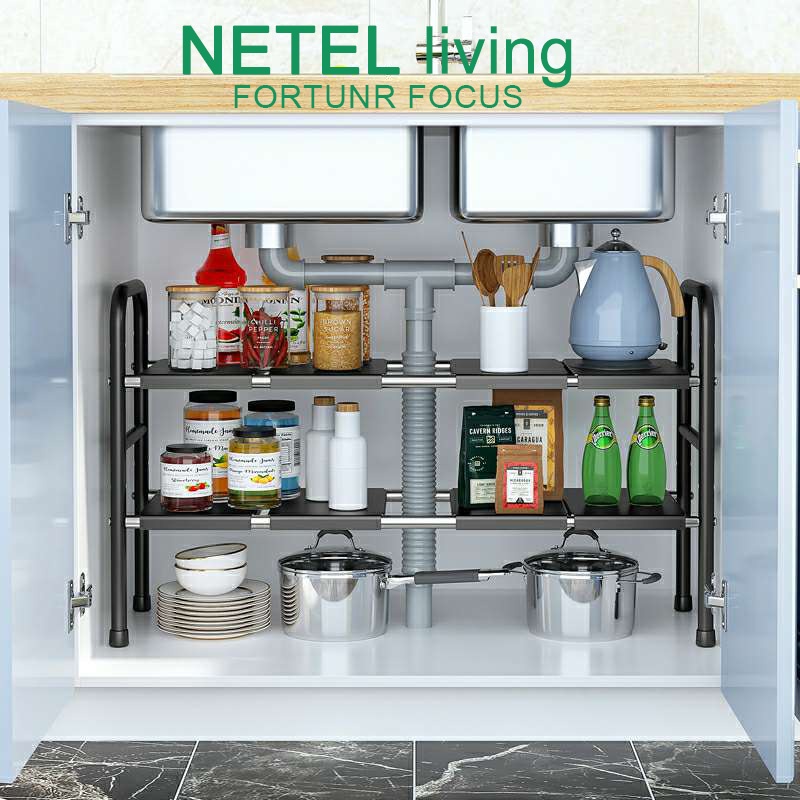 NETEL kỆ Dưới bồn rửa Kệ để đồ có thể mở rộng Kệ gầm bếp đa năng Giá đỡ với các tấm có thể tháo rời để lưu trữ trong phòng tắm/nhà bếp, Màu đen