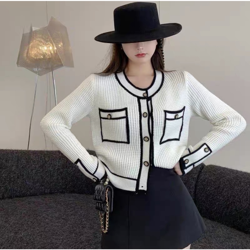 Áo cardigan cổ đức Forgirl phối viền đen tiểu thư kiểu dáng sơ mi