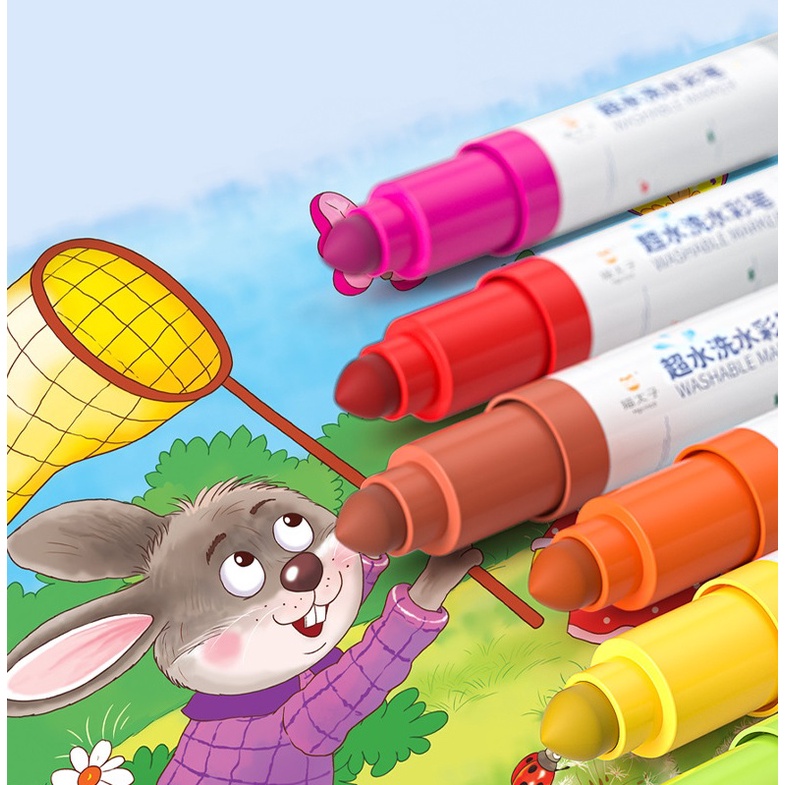 Bút dạ màu, bút lông màu MPRINCE WASHABLE MAKER dễ lau rửa, size to cho bé dễ cầm nắm tặng kèm tranh