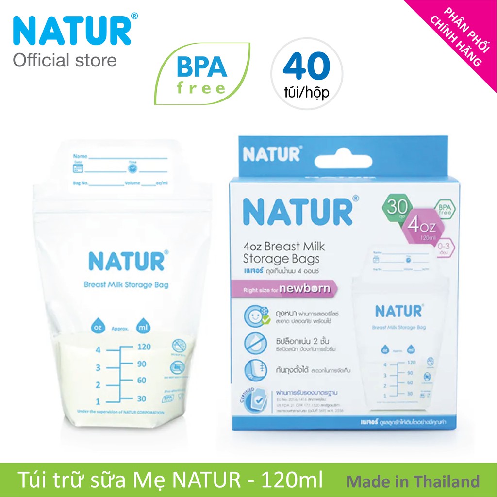 [MKBMNAT30K9 giảm 30k]Hộp 40 Túi (30 túi + 10 túi KM) Trữ Sữa NATUR 120ml