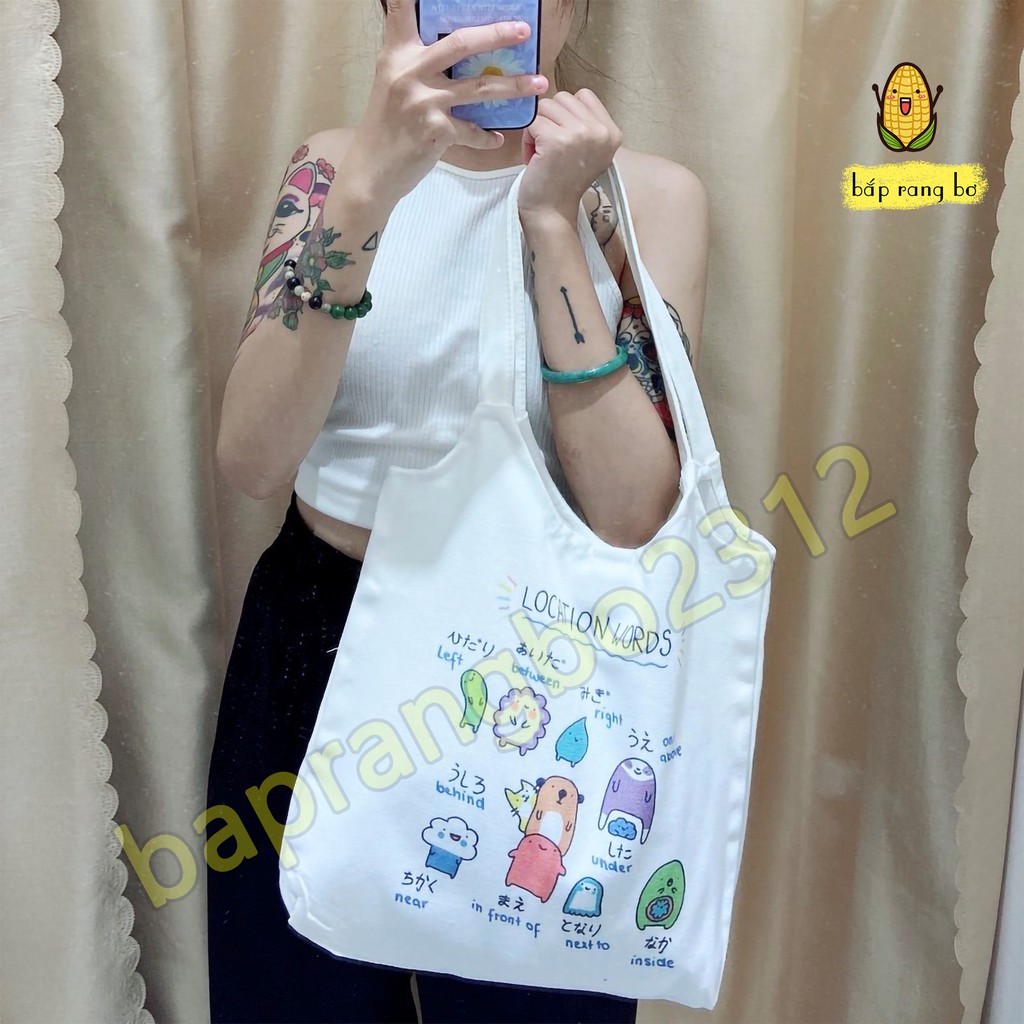 [Mã FASHIONT4WA2 giảm 10K đơn 50K] TÚI TOTE TRÒN TỪ VỰNG TIẾNG NHẬT - VẢI DỆT CANVAS