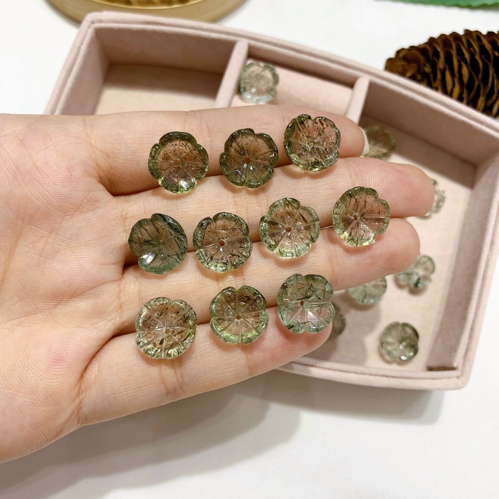 Mặt Đá Cỏ 4 Lá Mệnh Mộc Thach Anh Tóc Xanh, Aquamarine, Amazonite, Kyanite