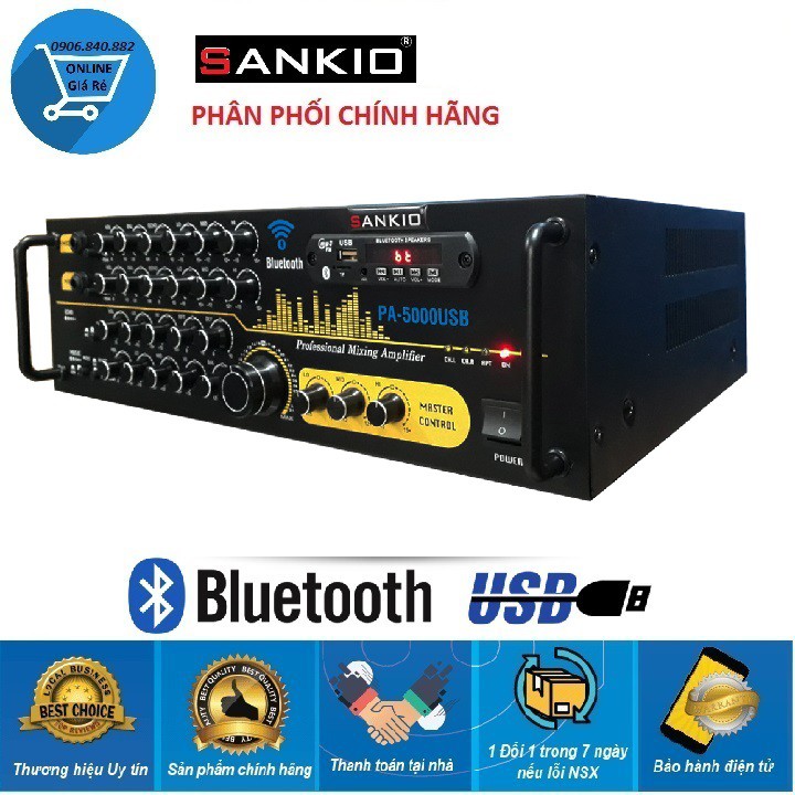 Amply Bluetooth Karaoke SANKIO PA-5000USB - 12sò lớn, nút nhôm, quạt tản nhiệt - Ampli chính hãng cao cấp