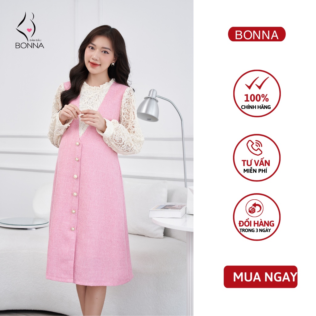 Váy bầu mùa đông BONNA chất liệu vải dạ dày dặn với thiết kế tay và cổ cách điệu phối ren cao cấp mặc mềm và ấm áp VS246
