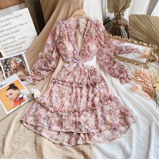 Đầm hoa phối bèo cutout eo hở lưng