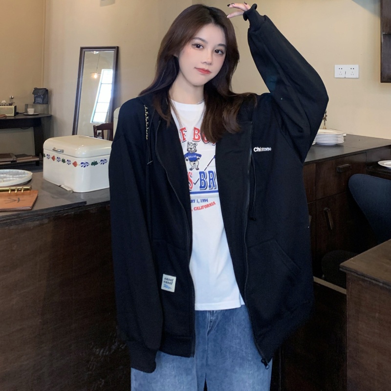 SUXI Áo khoác hoodie mỏng có khóa kéo tối giản cho nữ