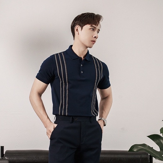 Áo POLO Nam Ngực Phối Sọc CF, Chất Liệu Cotton Thoáng Mát