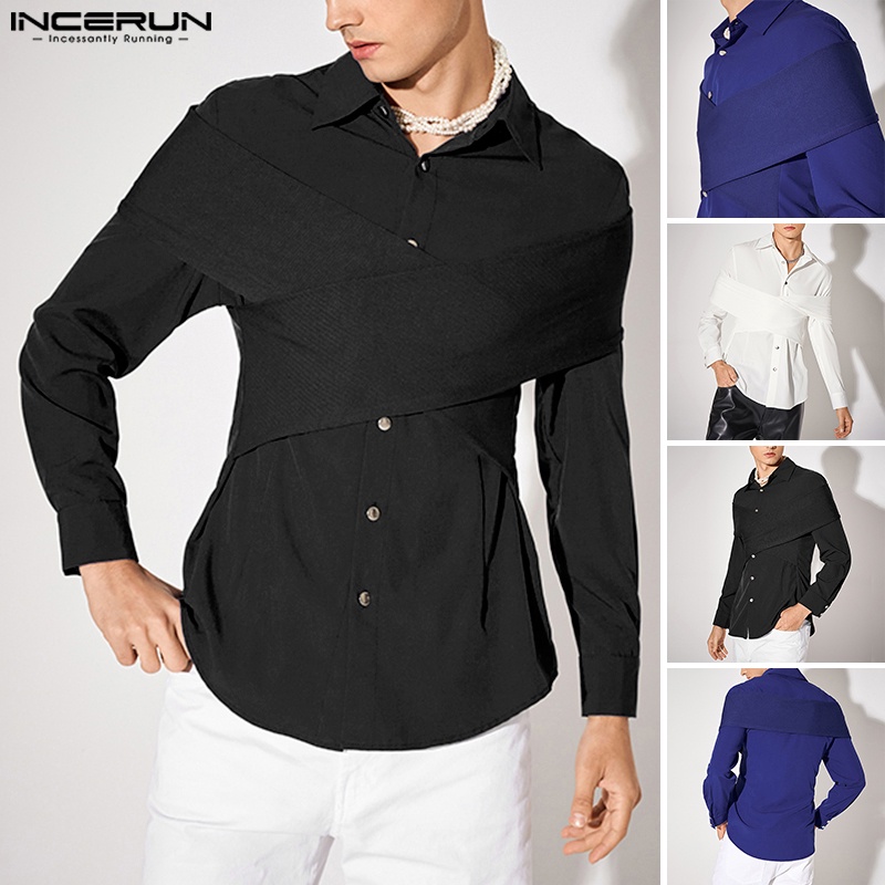 Áo sơ mi INCERUN dài tay giả hai lớp màu sắc thời trang cho nam