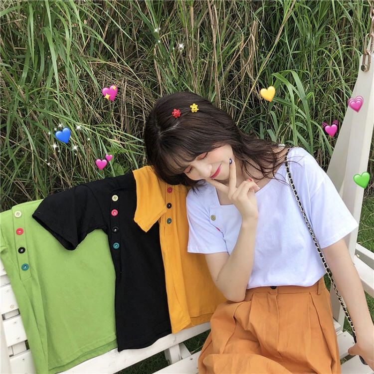 B&amp;G Áo Thun Ngắn Tay Dáng Rộng Cài Nút Phong Cách Hàn Quốc Thời Trang Cho Nữ Áo phông Nữ JL-TX-127
