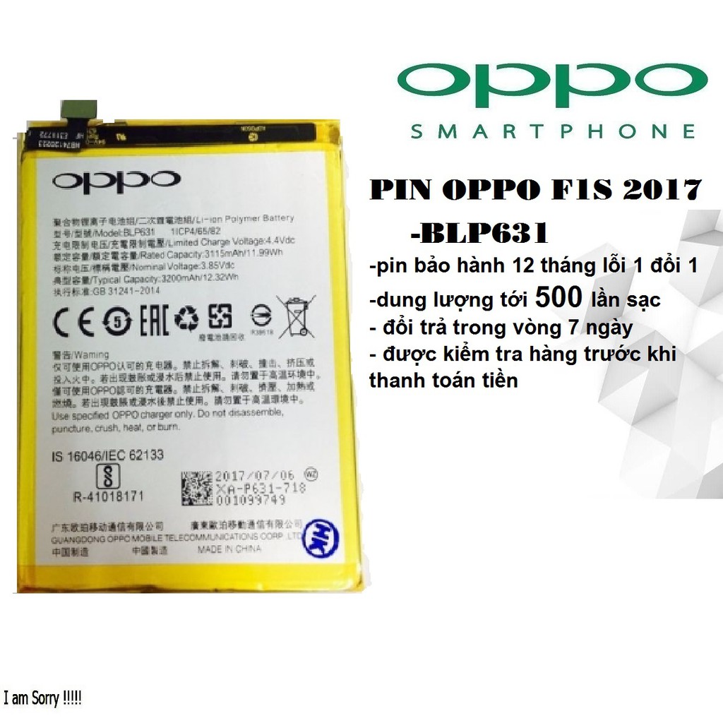 [Dùng Thử 7 Ngày] Pin OPPO F1S 2017 DUAL SIM LTE/ F1S GLOBAL DUAL SIM TD-LTE 64G/ OPPO F3/ BLP631 Bh