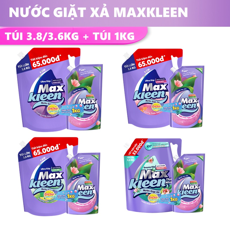 Combo Túi nước giặt xả MaxKleen 3.8kg/3.6kg + Túi lau sàn MaxKleen 1kg ngàn hoa ngọt ngào