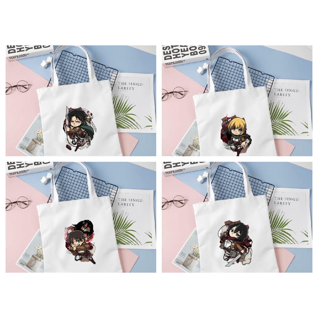 Túi tote vải trắng đeo vai in hình ATTACK ON TITAN Đại Chiến Titan M1 anime thời trang