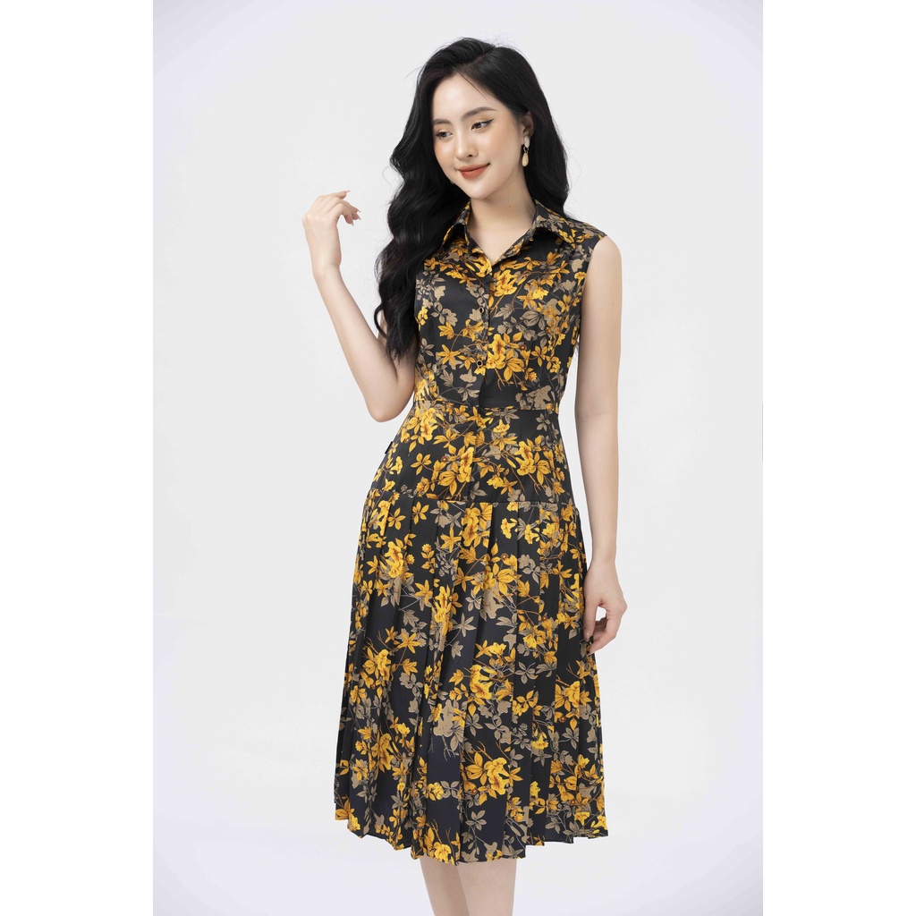 Đầm thiết kế cao cấp FIONA váy công sở nữ xếp ly họa tiết hoa nhí cổ đức nẹp đính cúc tay sát nách F452005