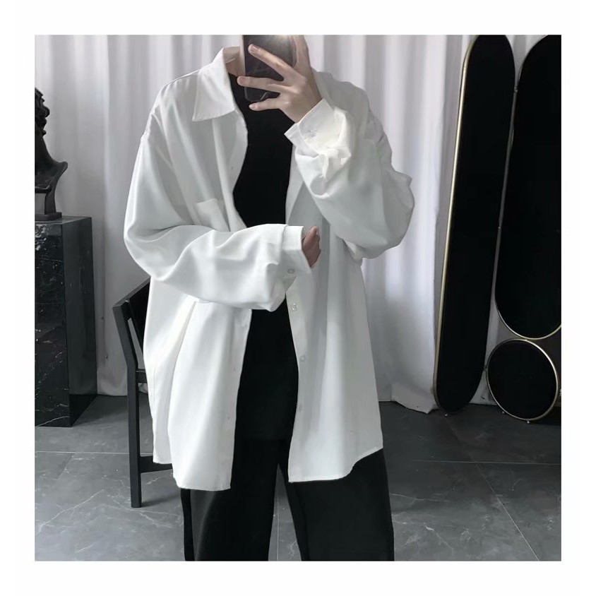 Áo sơ mi trắng tay dài dáng rộng thời trang thường ngày cho nam