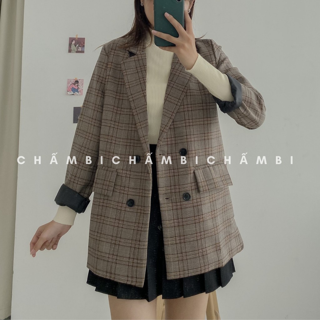 Áo Blazer 2 Lớp Kẻ Nâu Vải Tuyết Nhung Chất Đẹp - A.053