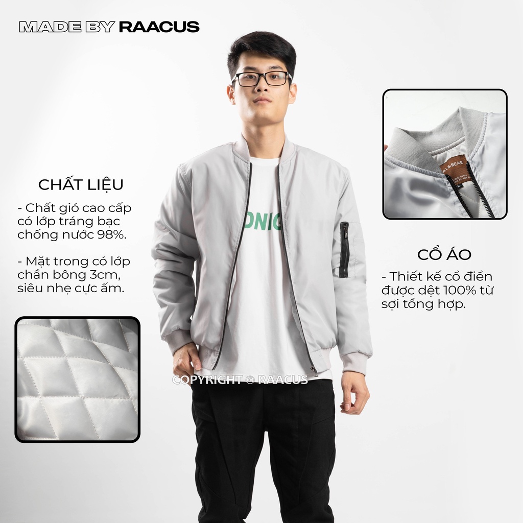 Áo khoác bomber nam gió chần bông 5mm RAACUSSTORE, áo khoác gió nam chống nước 98% -D1AK345