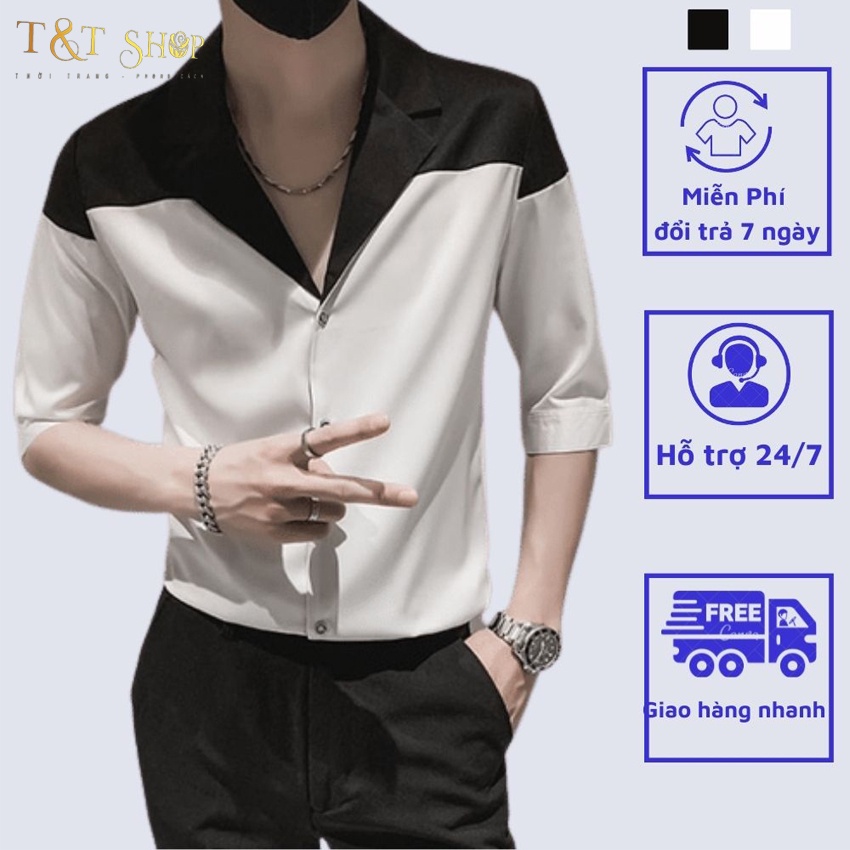 Áo sơ mi tay ngắn nam sơ mi cổ vest tay lỡ, chất vải lụa mịn chống nhăn phong cách trẻ trung độc lạ T1