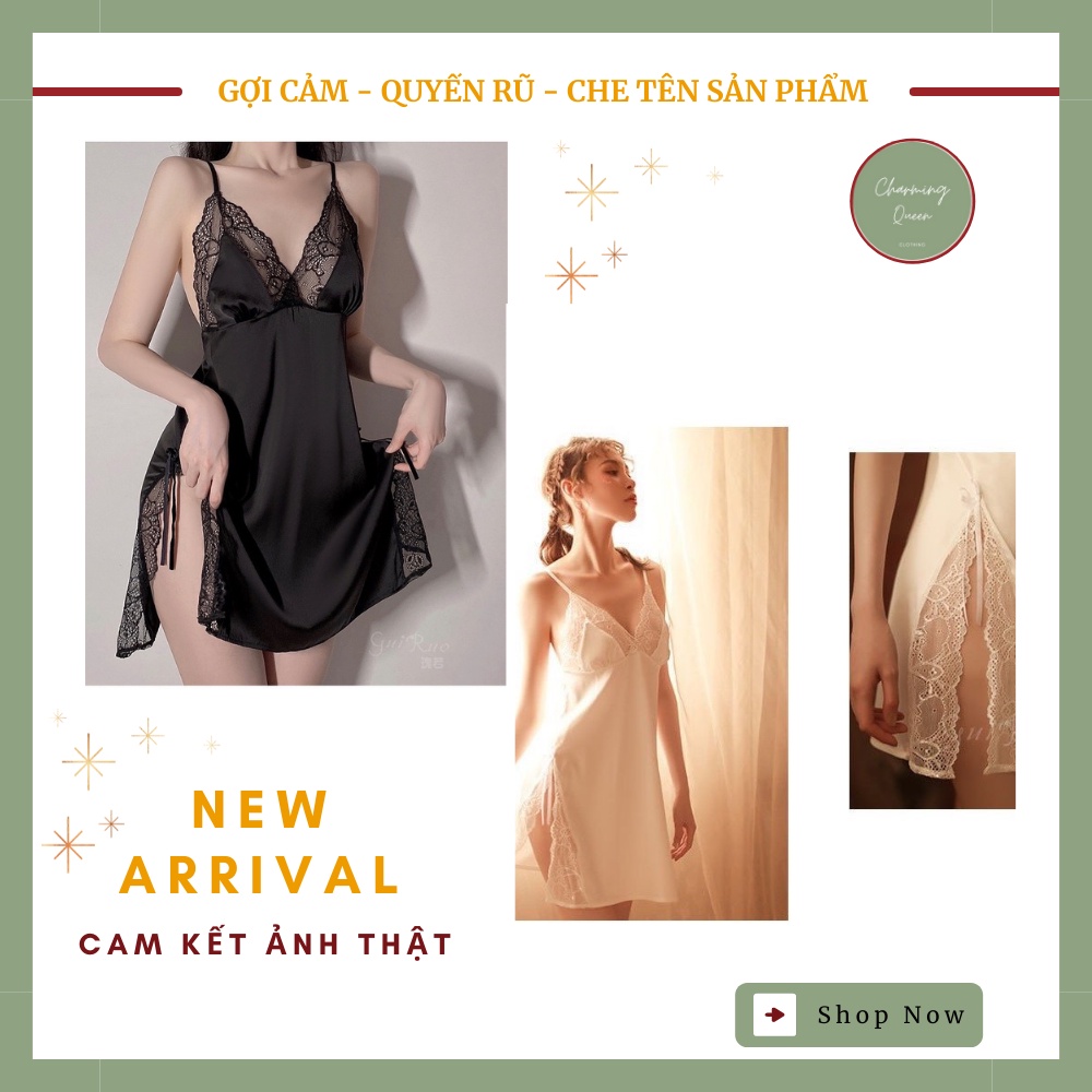 Váy ngủ , Đồ Ngủ Sexy 2 dây Chất lụa Cao Cấp  xẻ đùi viền gợi cảm -- CharmingQueen