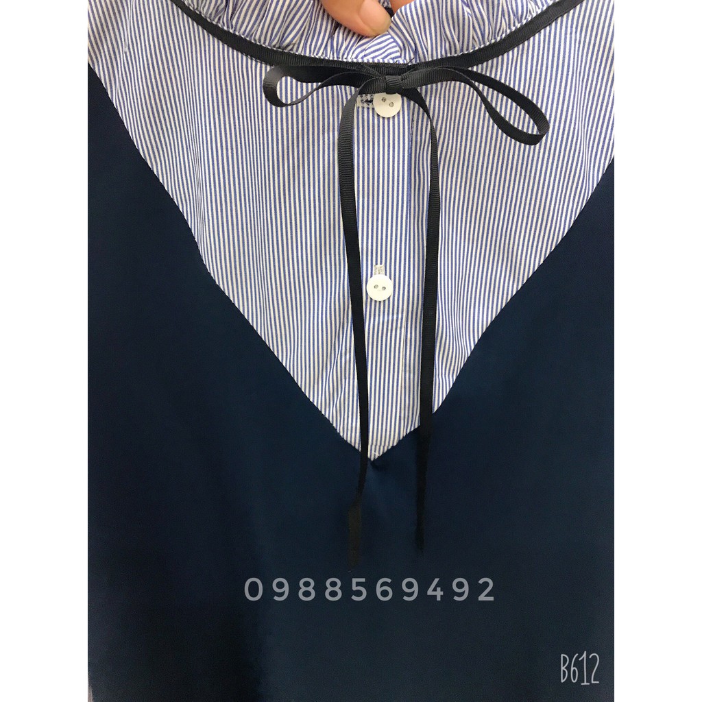 Váy Bầu Thu Đông - Đầm Bầu GUME màu Xanh Than pha kẻ Dài Tay Cổ nhún bèo MYC 1093