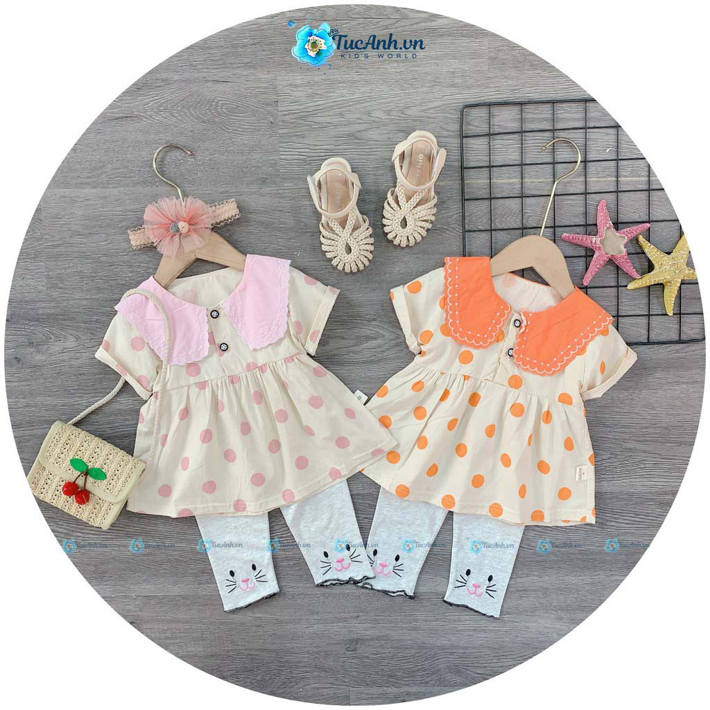 Bộ Cộc Tay Bé Gái Size 10-17KG, Áo Thun Cam Chấm Bi Quần Legging Mèo - TucAnh