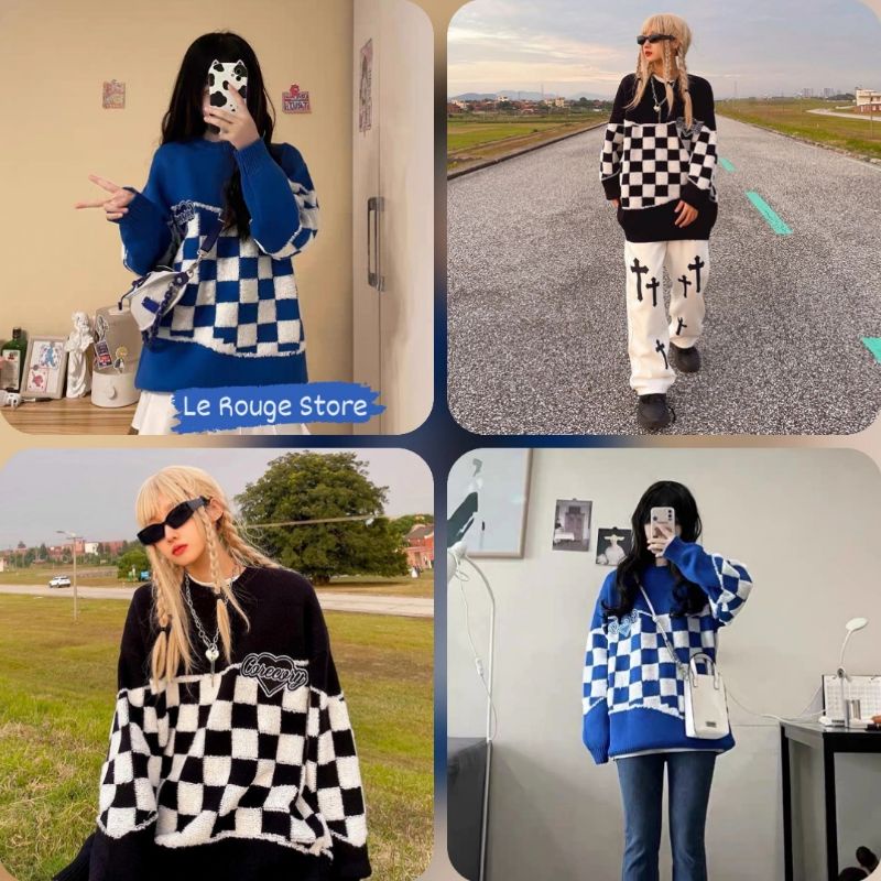 Áo len unisex kiểu Hàn phối patchwork họa tiết caro bàn cờ hot trendy chữ thêu Correcy có size