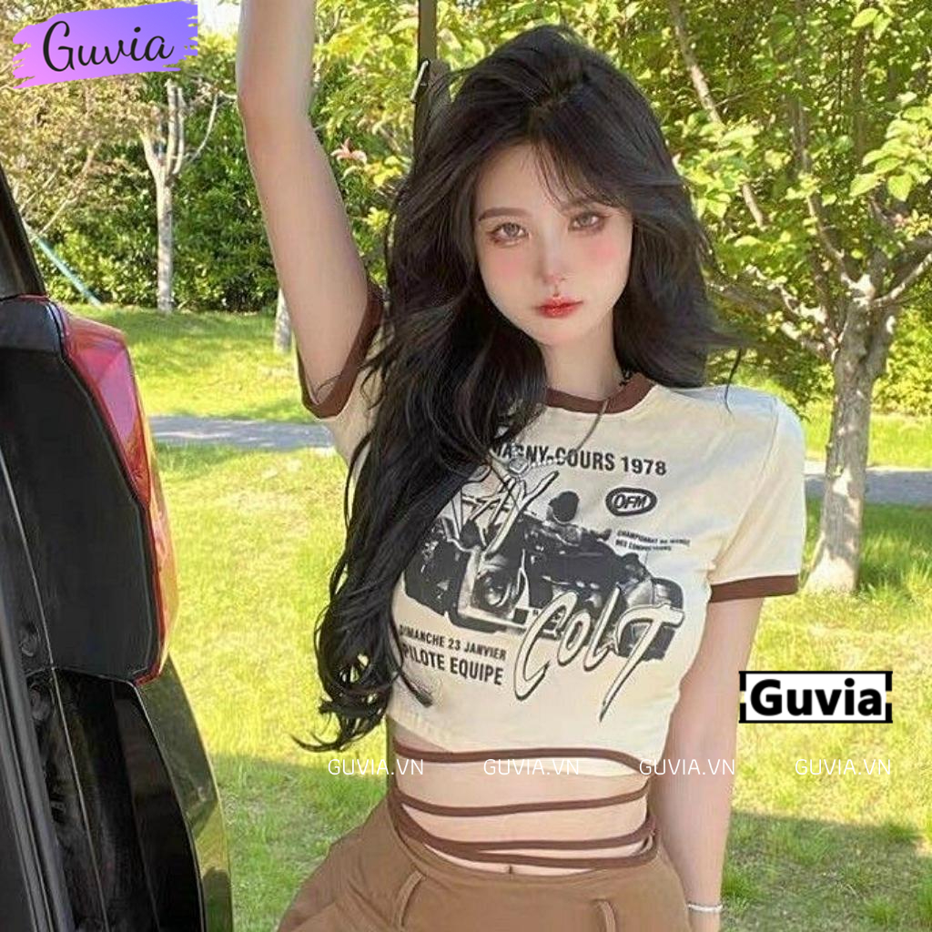 Áo Croptop Ôm Body Nữ RAY COLT Buộc Dây Cổ Tròn Tay Ngắn, Áo Thun Croptop Kiểu In Họa Tiết GUVIA CR56