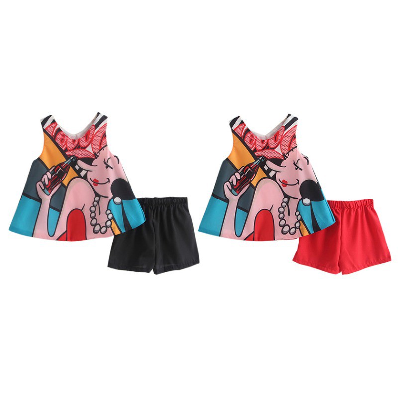Bộ áo chiffon cộc tay cổ tròn in họa tiết kèm quần ngắn cho bé gái