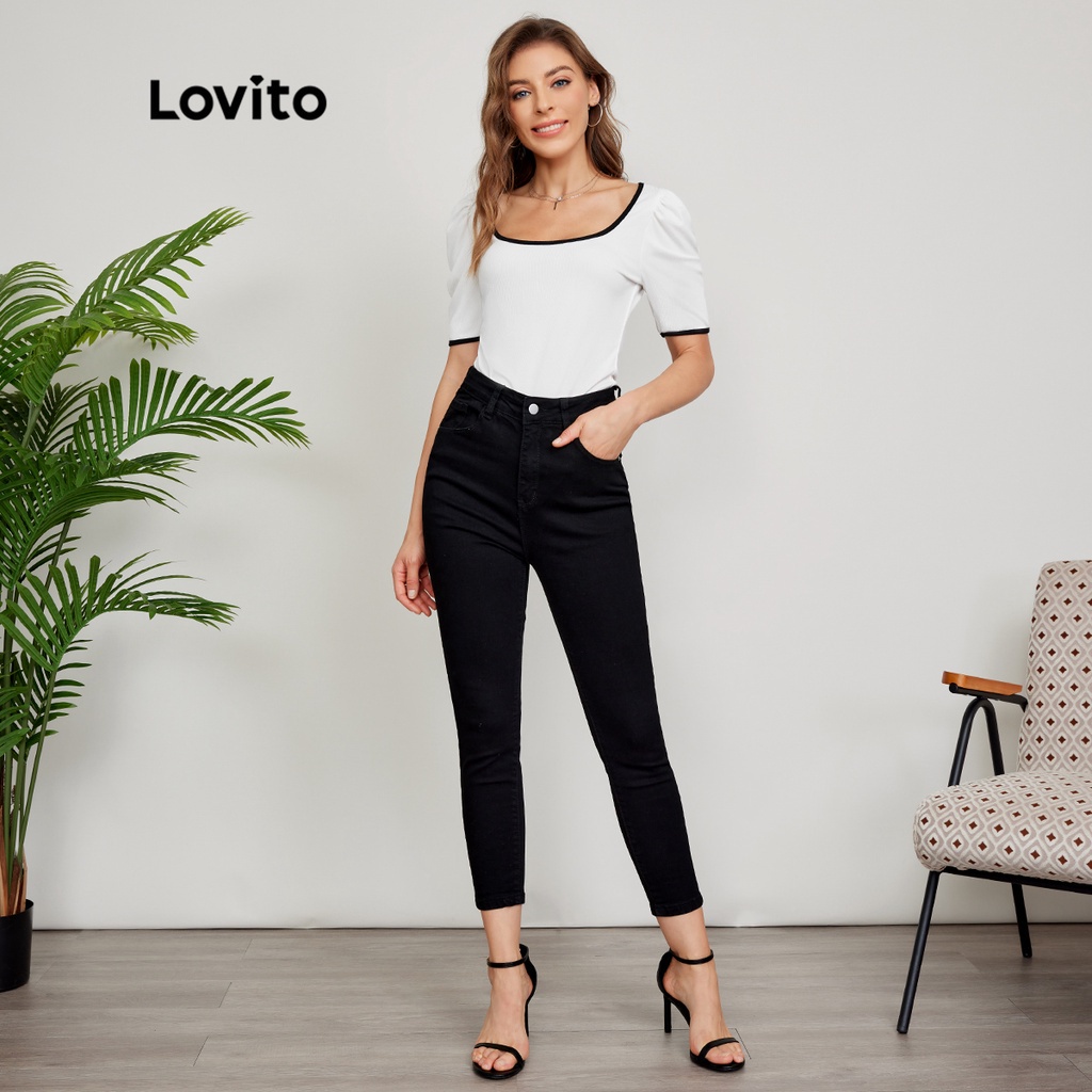 Lovito Áo thun tay phồng tương phản trơn thanh lịch L24ED067 (Đen và Trắng)