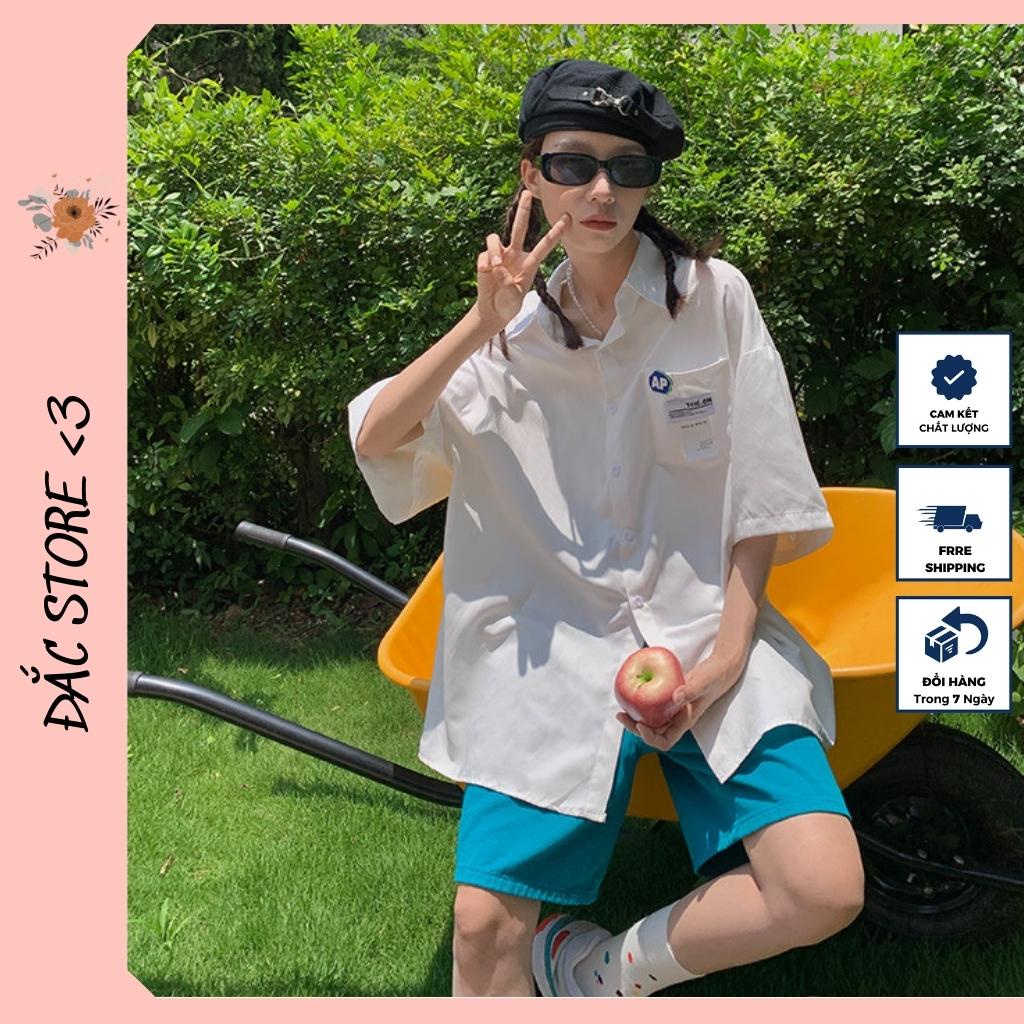Áo sơ mi unisex form rộng tay lỡ nam nữ mặc được in chữ AP thiết kế basic dễ mặc sành điệu ĐẮC STORE