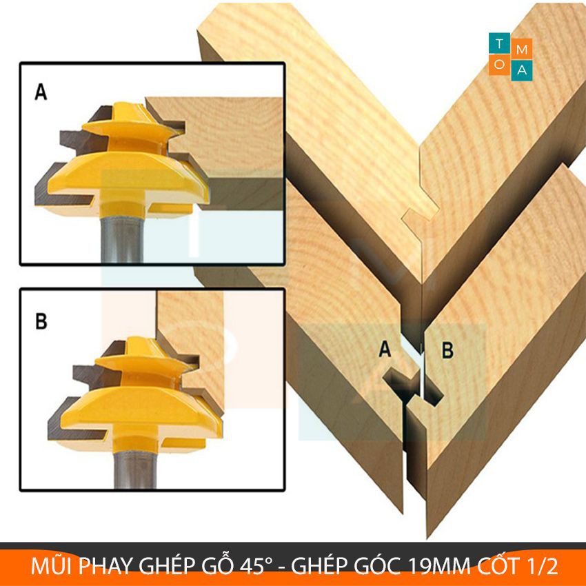 Mũi Phay Ghép Ván Gỗ - Mũi Soi Gỗ Góc Vuông Cốt 1/2 - Ghép góc 19mm Có Thể  Ghép Được Ván Dày 12.7 - 23mm