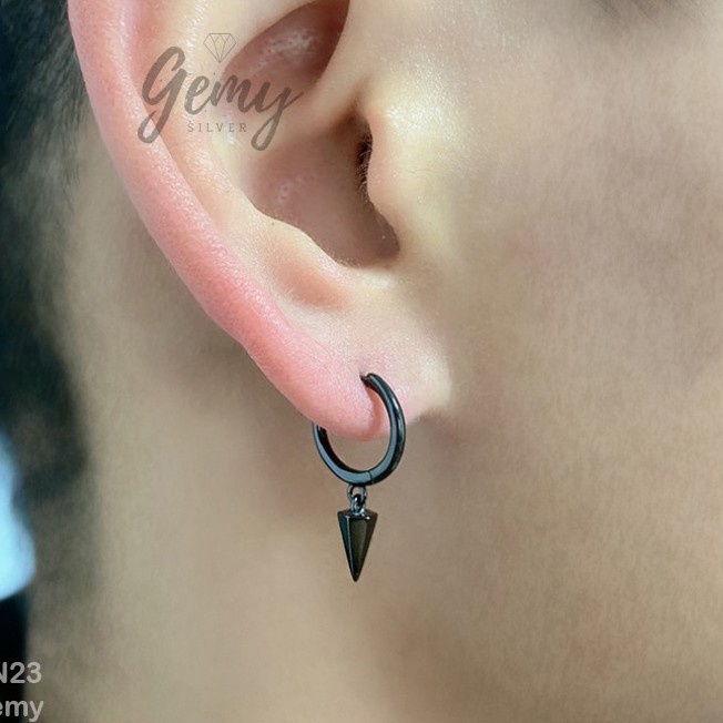 Khuyên tai nam tròn bạc hình mũi đinh nhỏ 2 màu bạc đen thiết kế đơn giản, cá tính, unisex (1 chiếc)| GEMY SILVER KN23