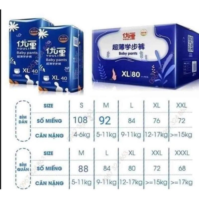 Bỉm Youli xanh S112/M 92/M88/L84/XL 80/XXL 72/XXXL 68