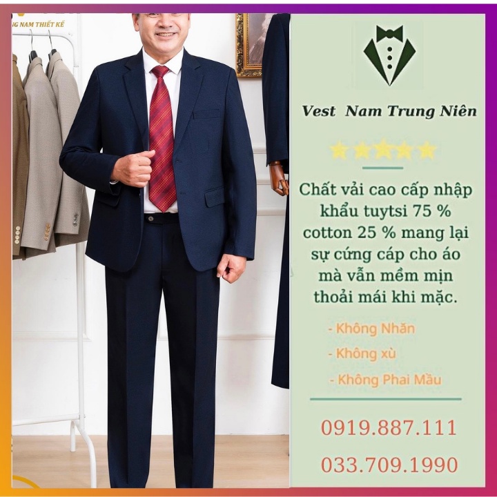 Bộ Vest Trung Niên Nam Cao Cấp, Vest Nam Hồng Ngọc Chất Liệu Tuýt Si Nhập Khẩu