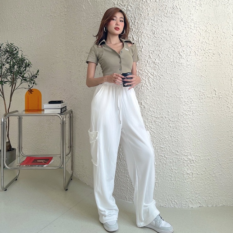 Quần cullotes TOPTIFY kiểu túi hộp rách lai form ống suông Sarley Cargo Pants QT21
