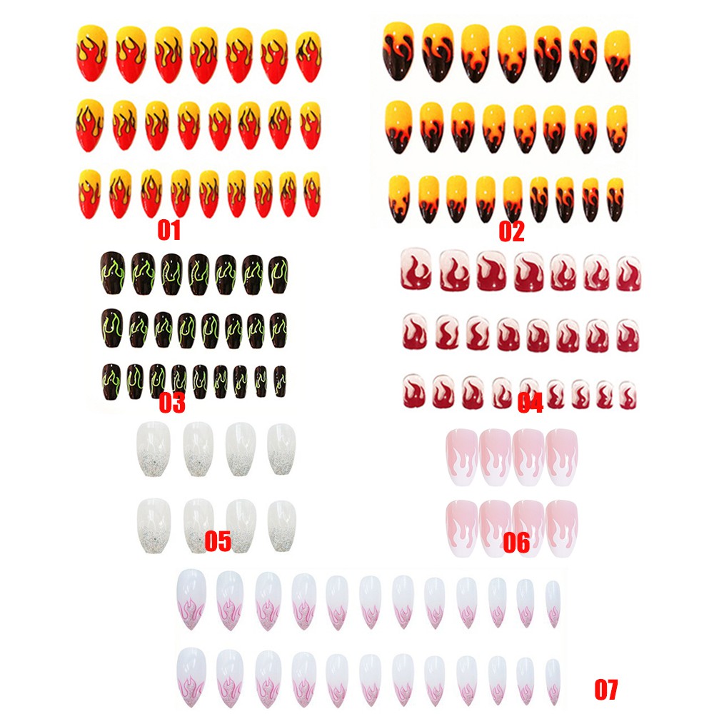 [Hàng mới về] Hộp 24 móng tay giả bằng acrylic họa tiết ngọn lửa phong cách cá tính