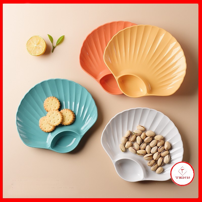 Đĩa nhựa đẹp, dĩa đựng bánh kẹo trái cây hình vỏ xò trang trí phòng bếp bằng nhựa cao cấp lượn sóng màu trắng xanh vàng