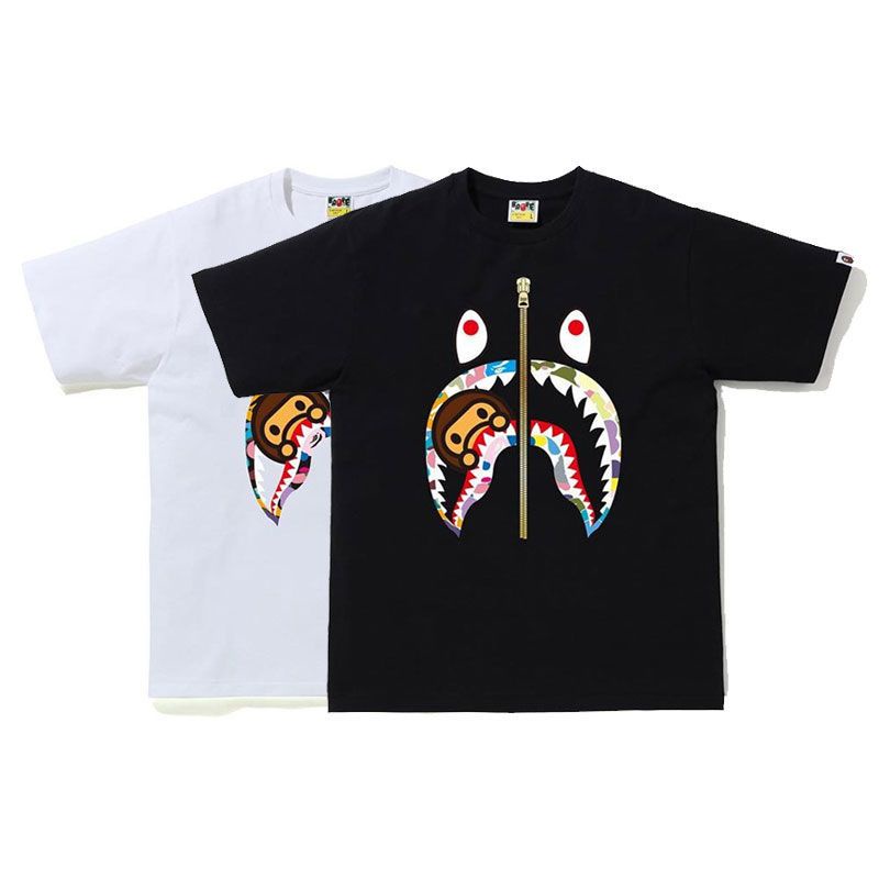 Bape Áo Thun Ngắn Tay Cổ Tròn Dáng Rộng In Hoạt Hình Cá Mập Hericium Dễ Thương Cho Gia Đình