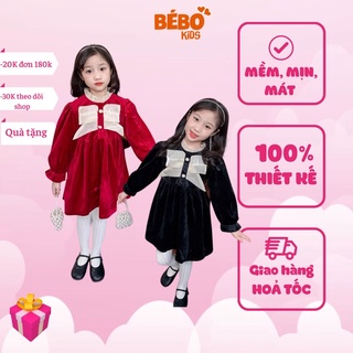 Váy đầm thiết kế công chúa mùa xuân siêu xinh cho bé gái kiểu dáng nhún ngực 10-22kg nhung len Đỏ/ Đen A02