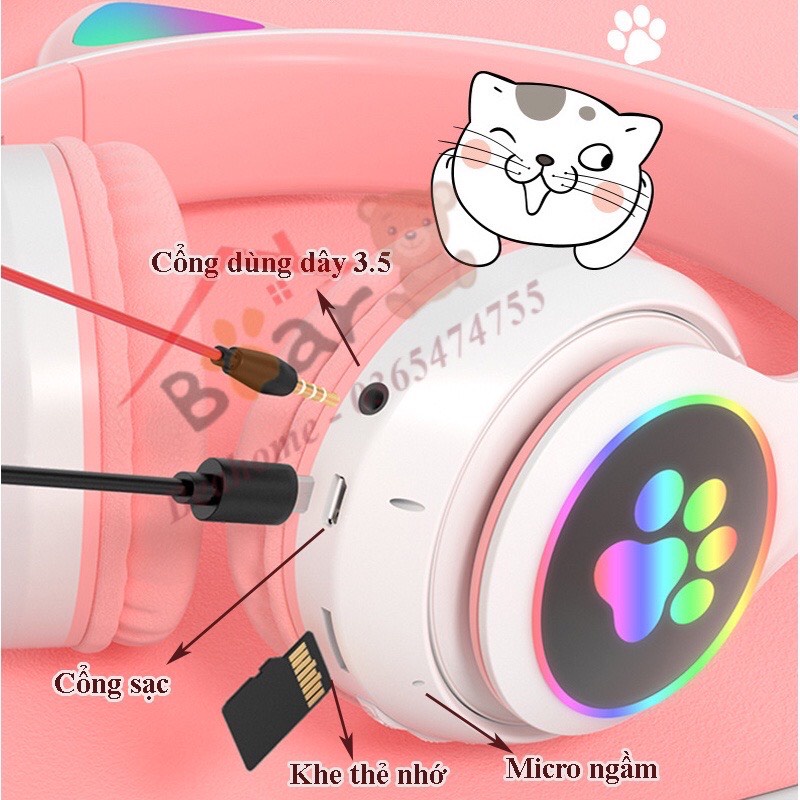 Tai nghe bluetooth chụp tai tai mèo có đèn led, có micro chơi game. Headphone bluetooth thỏ dễ thương hồng, đen, xanh.