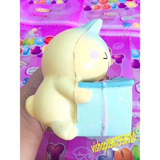 SQUISHY MÈO ÔM HỘP QUÀ XANH