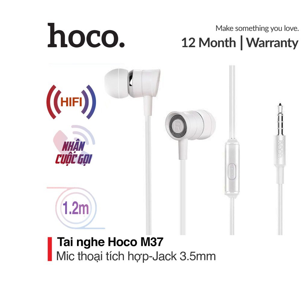 Tai nghe nhét tai jack 3.5mm Hoco M37 dây tráng men tích hợp mic thoại dài 1.2M tương thích với các thiết bị