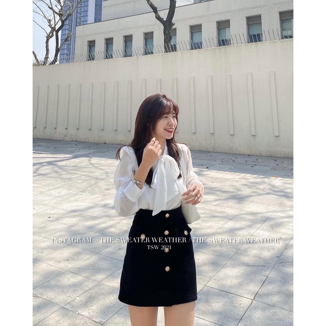 (Ảnh thật) Áo sơmi voan 2 lớp thắt nơ cúc ngọc the.sweaterweather TSW | BigBuy360 - bigbuy360.vn