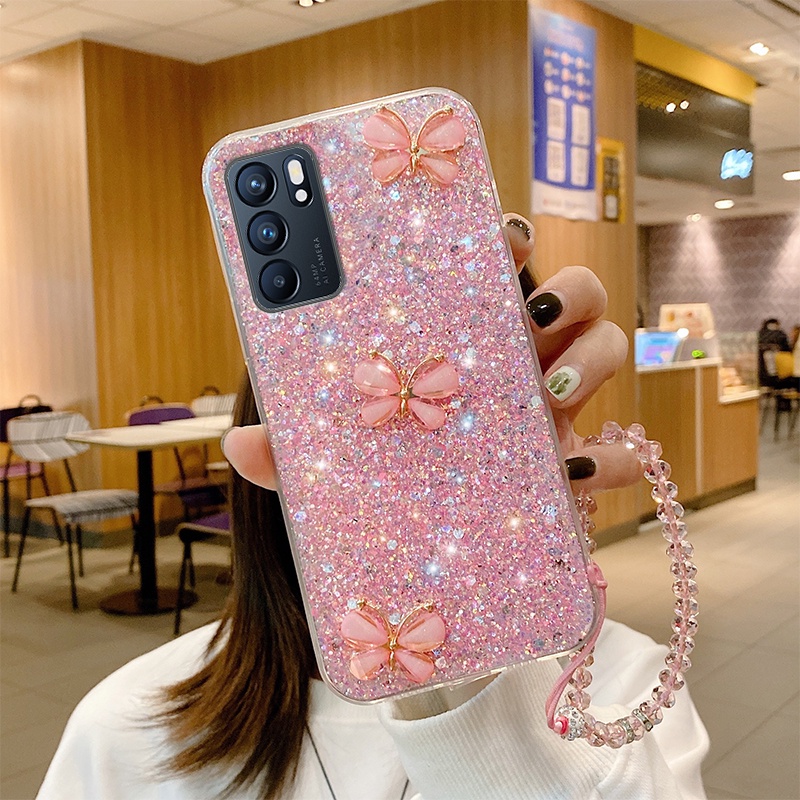 Ốp Điện Thoại Silicon Đính Kim Tuyến Sang Trọng Kèm Dây Đeo Cho OPPO Reno 6 5 4 3 4G 2 2F