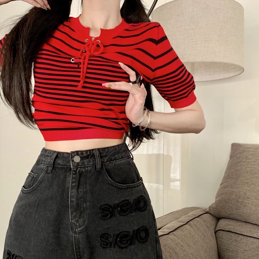 【ZHELIHANGFEI】Áo Thun Tay Ngắn Hoạ Tiết Kẻ Sọc Thiết Kế Cột Dây Quyến Rũ Hợp Thời Trang