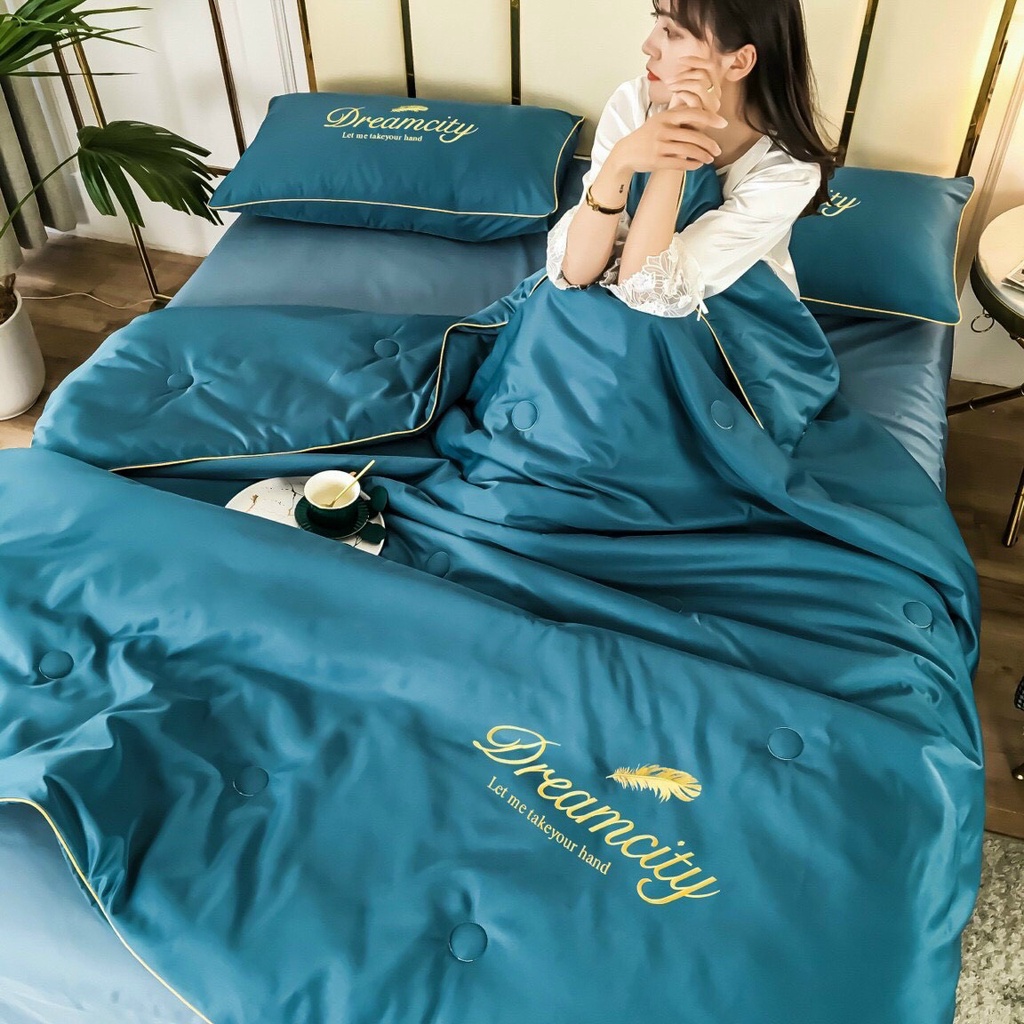 Bộ Ra Giường 5 Món Dream City  Chăn Ga Grap Ra Drap Gối Đệm Nệm Trải Phủ Giường Trần Bông Cao Cấp