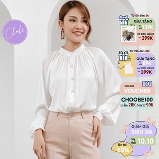 Áo sơ mi nữ Choobe lụa tay phồng dài cao cấp kiểu tiểu thư màu trắng đen be xanh sang trọng A10