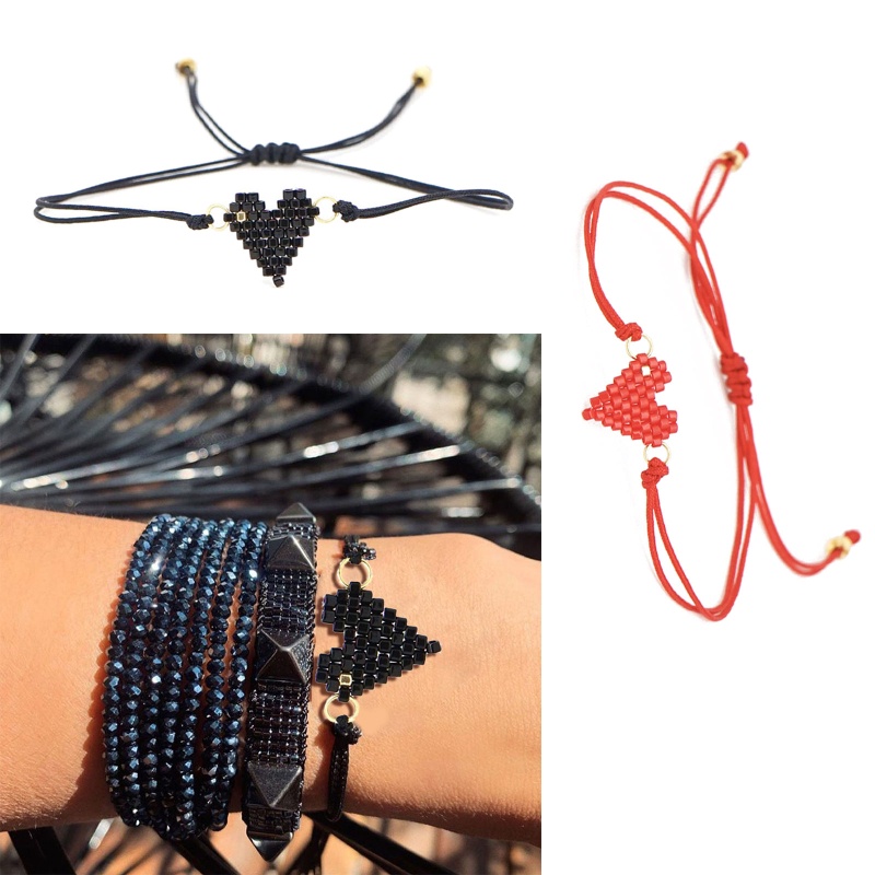 Vòng Tay Dây Bện Phối Hạt Hình Trái Tim Handmade Có Thể Điều Chỉnh Cho Cặp Đôi