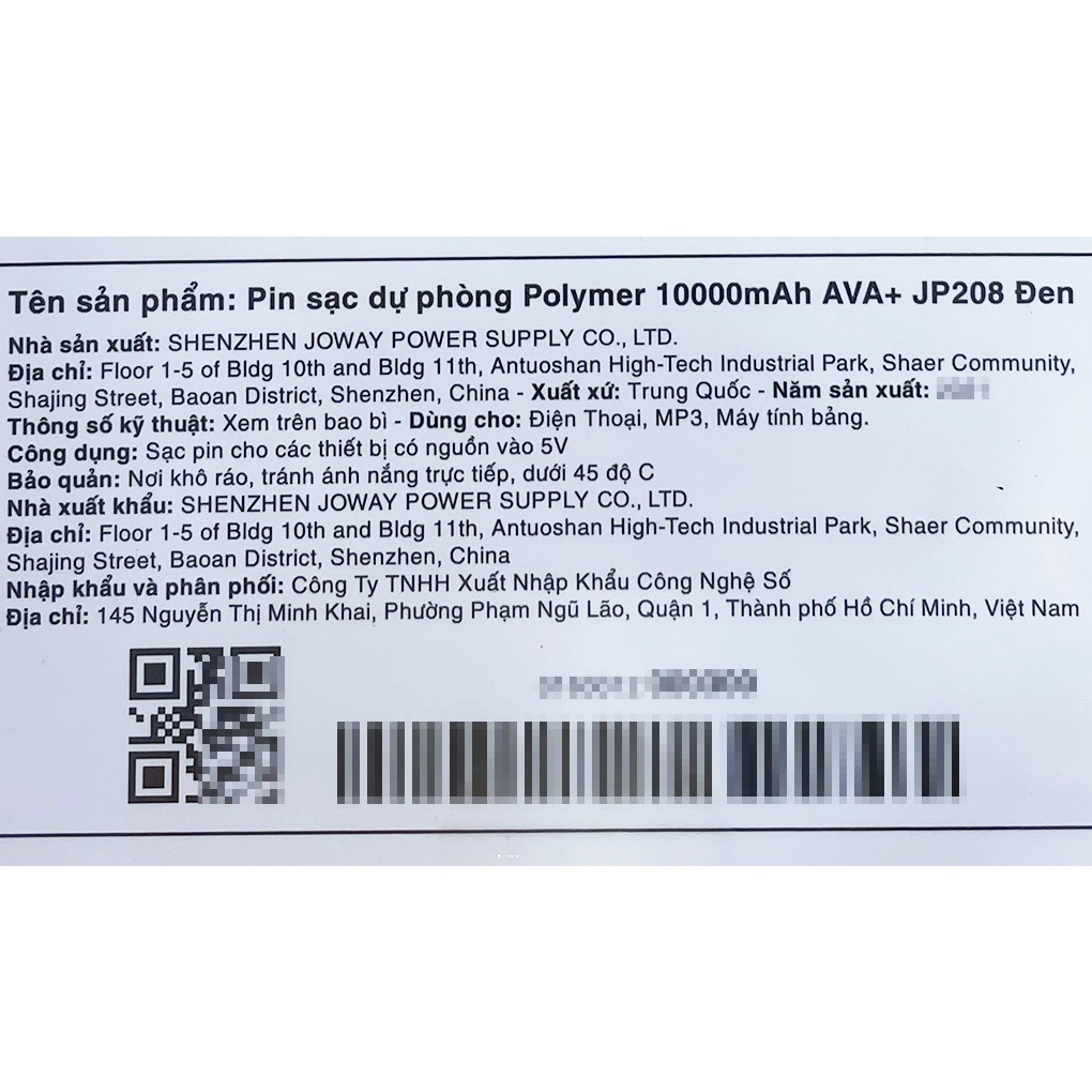 Pin sạc dự phòng AVA JP208 10000mAh Micro USB - Chính hãng BH 12 tháng