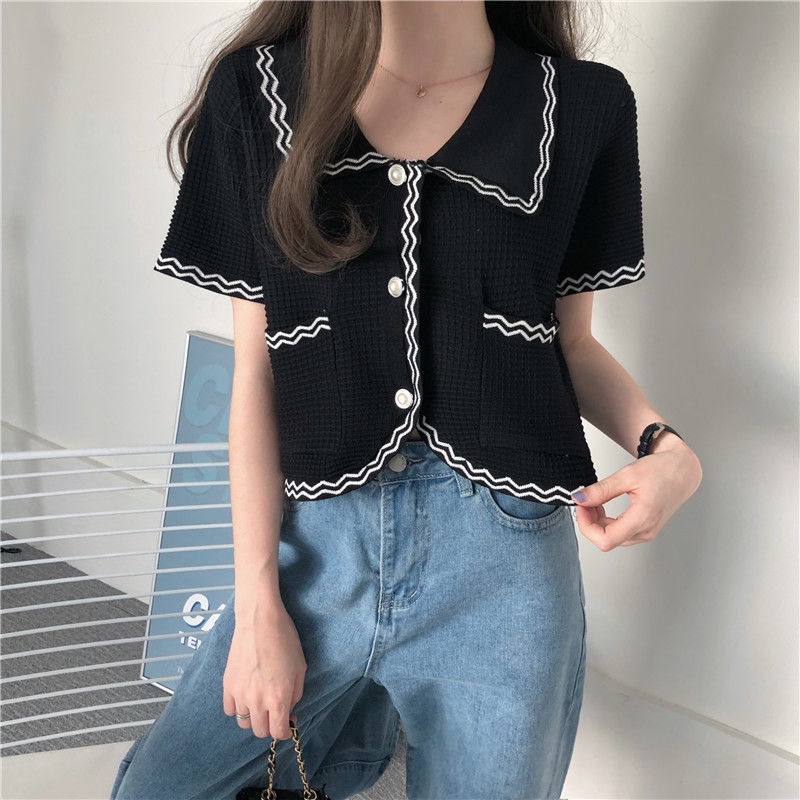 Áo ngắn cài nút ngọc trai màu sắc tương phản phong cách Hàn Quốc 2021 | BigBuy360 - bigbuy360.vn